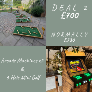Arcade machine and 6 hole mini golf hire package for weddings and events in Yorkshire