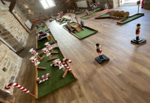 Christmas mini golf hire set up for a corporate Christmas party in Yorkshire